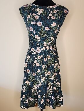 Apricot Floral Midi Dress Tie Waist Ruffle Hem Green Fit & Flare M US 6
